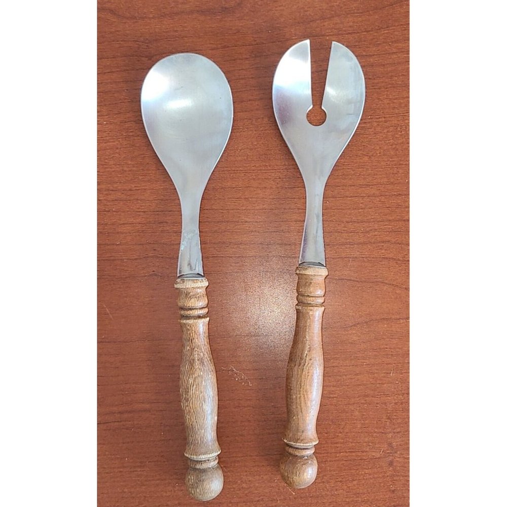 Vintage Stainless Salad Server Set Wooden Handles 11"